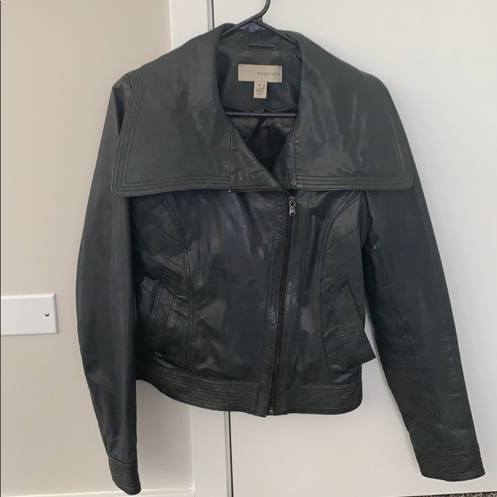 Grey leather moto jacket with awesome collar